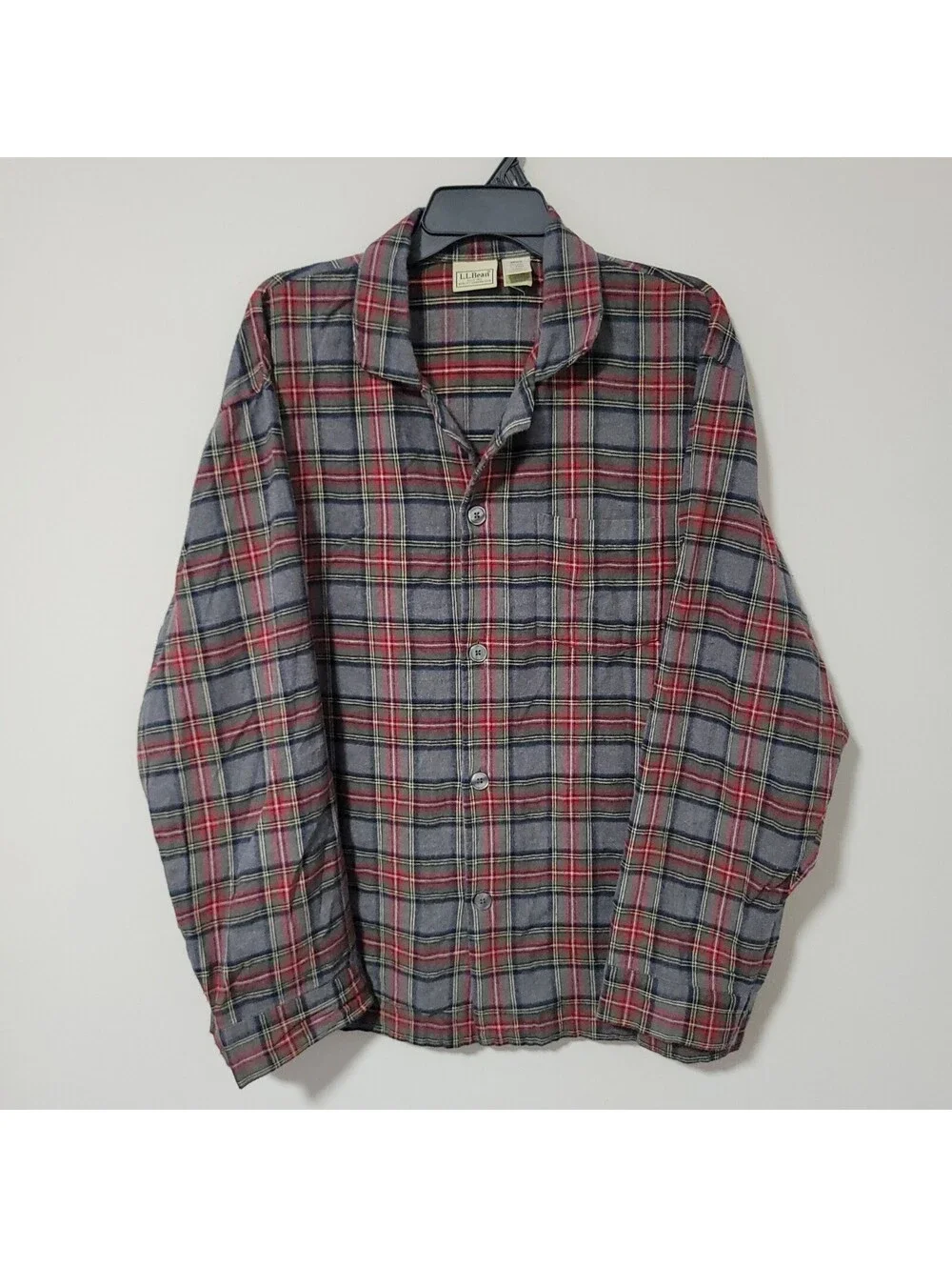 Vintage L.L.Bean Pajama Shirt Mens L Red Gray Plaid Flannel Cotton Sleepwear